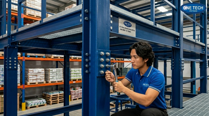 Bảo trì kệ mezzanine kiểm tra bu lông chân trụ Bảo trì kệ mezzanine kiểm tra bu lông và chân trụ