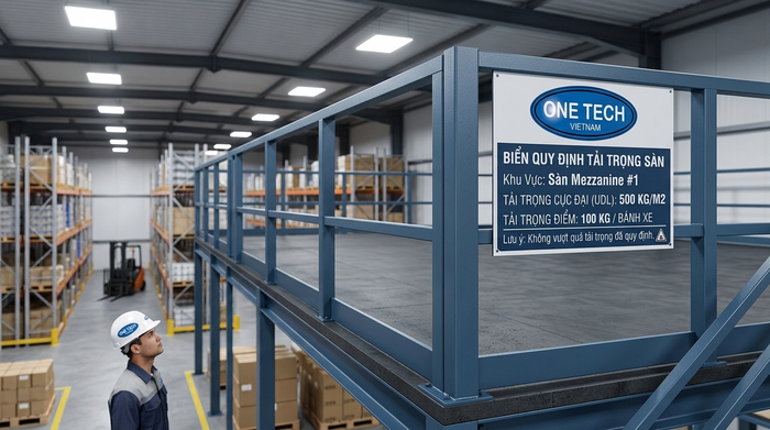 Biển tải trọng và lan can kệ mezzanine Biển tải trọng và lan can an toàn trên kệ mezzanine