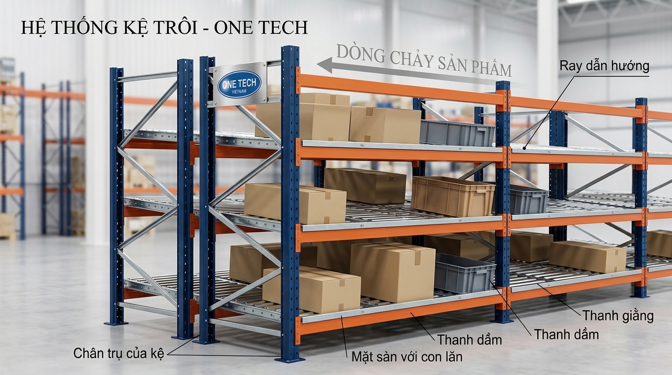 Cấu tạo kệ flowrack gồm chân trụ beam con lăn và thanh dẫn hướng
