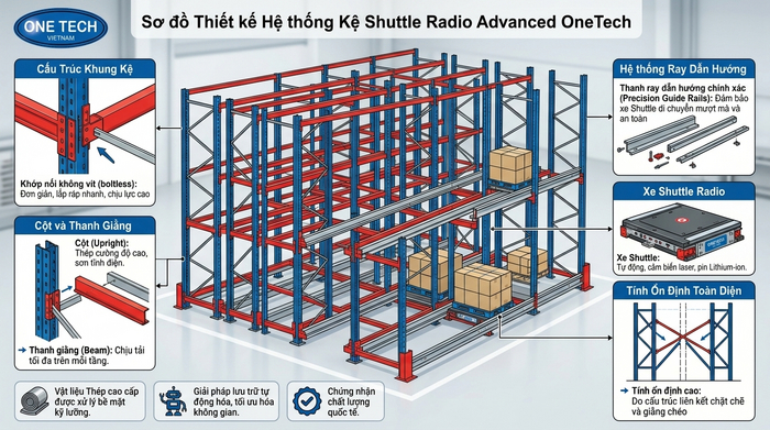 Cấu tạo kệ Radio Shuttle gồm khung kệ ray dẫn hướng và xe shuttle