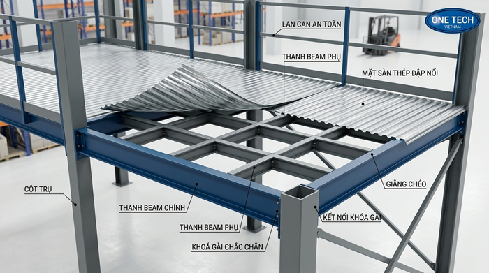 Cấu tạo kệ sàn mezzanine cột trụ beam mặt sàn Cấu tạo kệ sàn mezzanine gồm cột trụ beam và mặt sàn