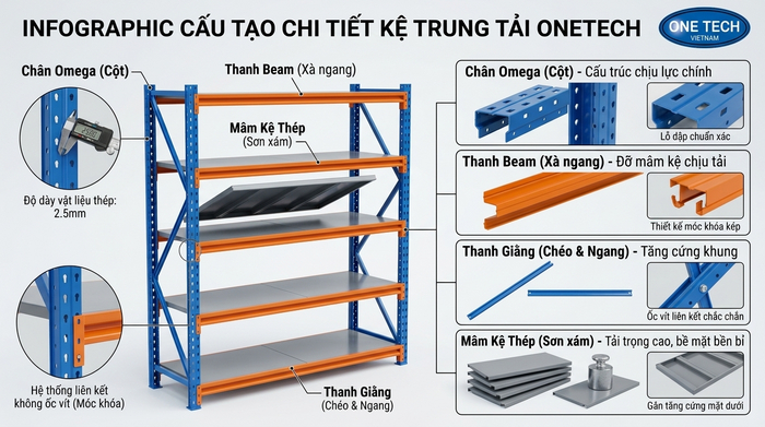 Cấu tạo kệ trung tải gồm chân trụ thanh beam mâm kệ và giằng