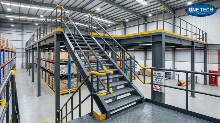 Cầu thang và lan can kệ sàn mezzanine an toàn Cầu thang và lan can kệ sàn mezzanine an toàn cho kho hàng