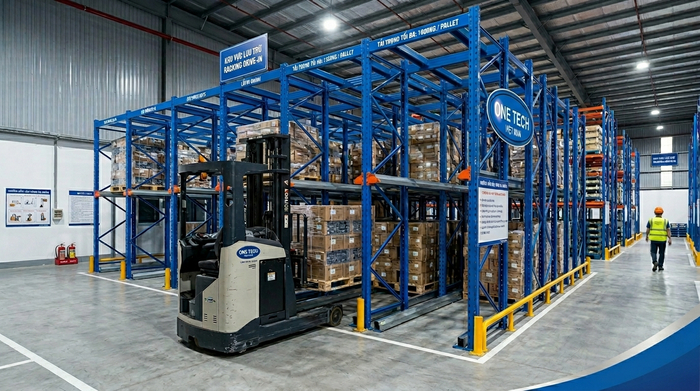 Xe nâng đưa pallet vào kệ drive in Xe nâng thao tác đưa pallet vào kệ drive in