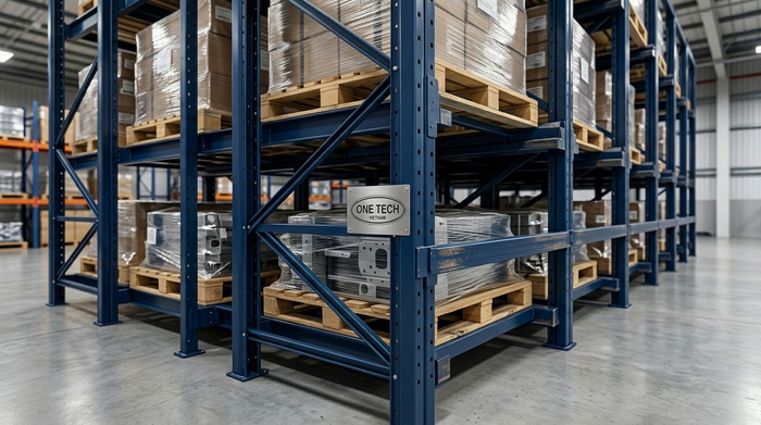 Thanh ray đỡ pallet kệ drive in thực tế Kệ drive in có thanh ray đỡ pallet chắc chắn