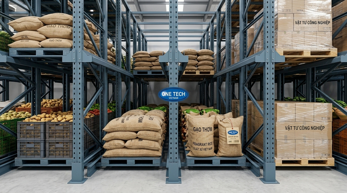 Kệ drive in cho kho nông sản đóng pallet Kệ drive in trong kho nông sản và vật tư đóng pallet