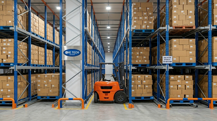 Xe nâng vận hành trong hệ thống kệ Drive-In Xe nâng di chuyển vào lòng kệ drive in tại kho hàng