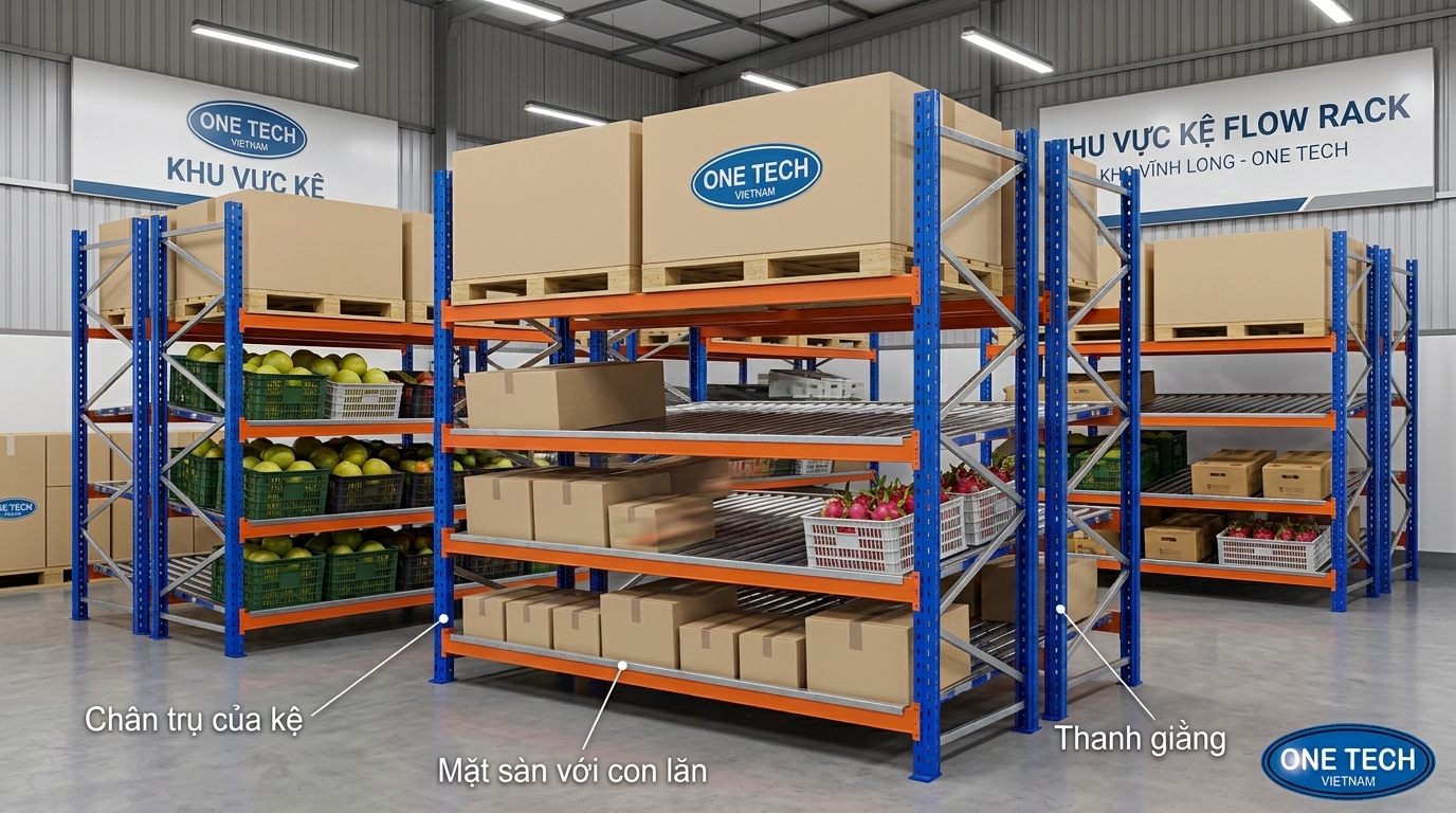 Mô hình kệ Flow racks Vĩnh Long hoạt động bằng con lăn nghiêng
