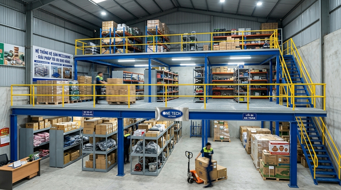 Kệ sàn mezzanine Vĩnh Long cho kho hàng thực tế Kệ sàn mezzanine Vĩnh Long lắp đặt trong kho hàng thực tế