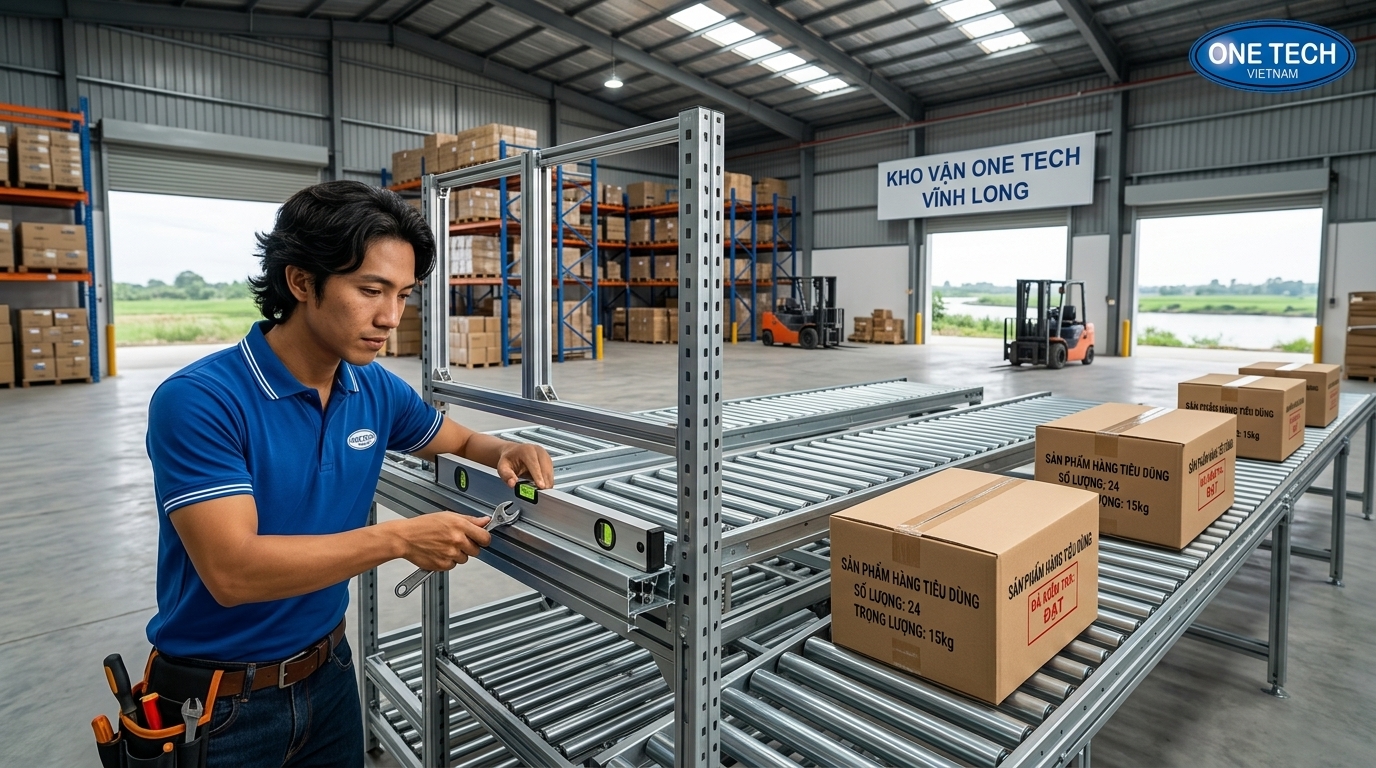 Lắp đặt kệ con lăn tại Vĩnh Long cần căn chỉnh độ nghiêng và thử tải thực tế