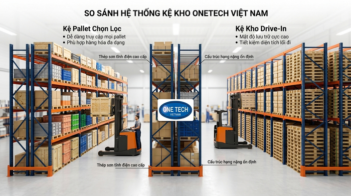 So sánh kệ Drive-In và kệ Selective So sánh kệ drive in và kệ selective trong kho pallet
