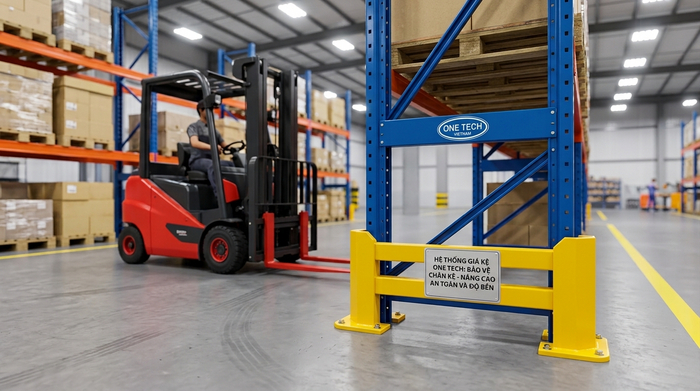 Bảo vệ chân kệ trong kho trung chuyển giúp giảm va chạm xe nâng