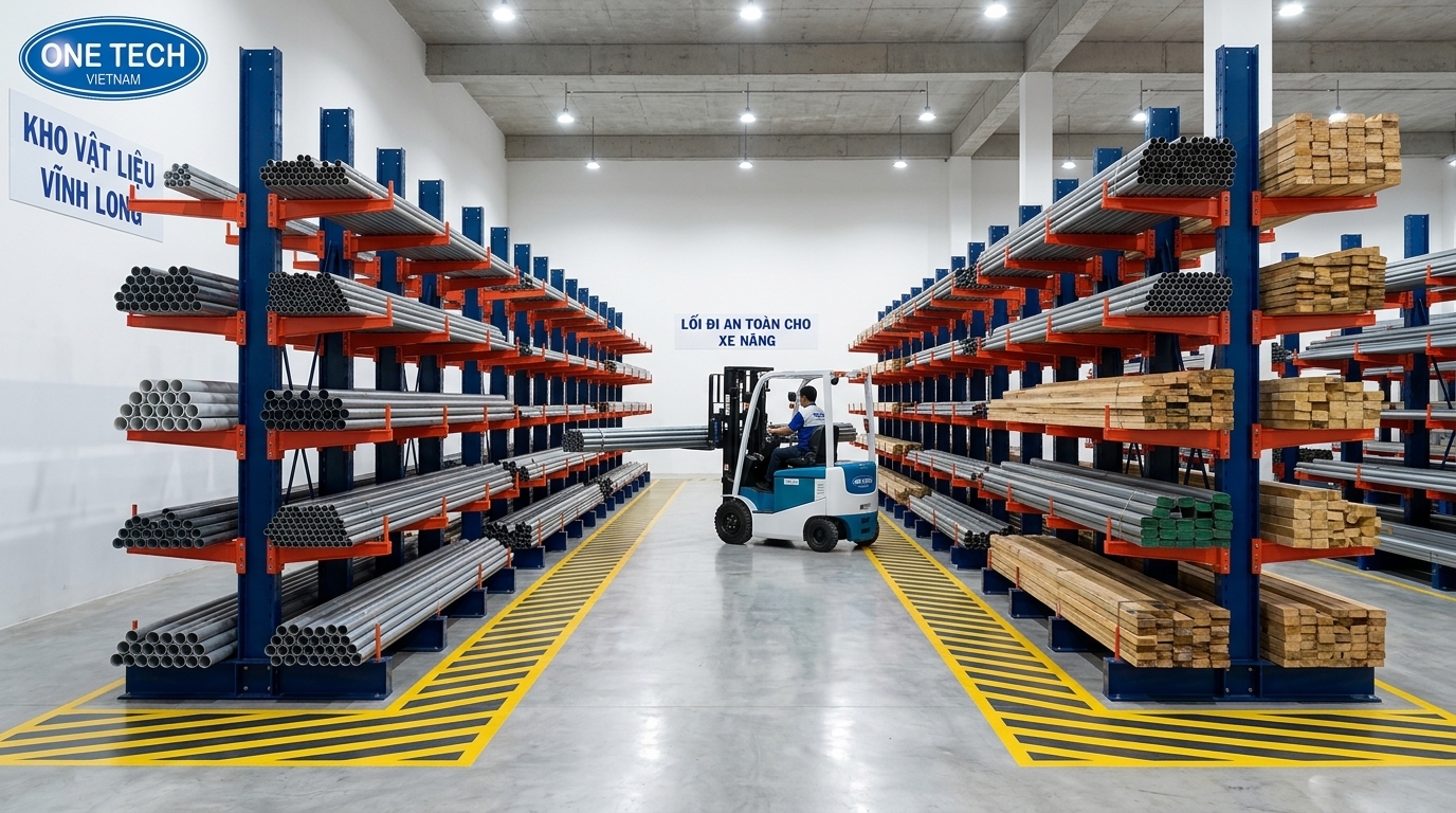 Bố trí lối đi an toàn khi lắp kệ tay đỡ trong kho Vĩnh Long