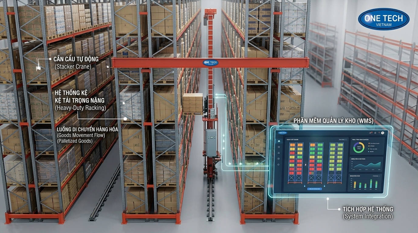 Cấu tạo cơ bản của hệ thống kệ kho ASRS gồm kệ, thiết bị nâng chuyển và phần mềm WMS