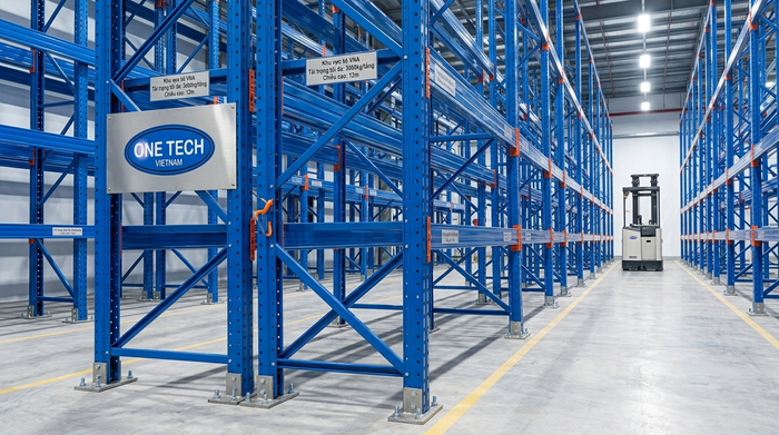 Cấu tạo Kệ Narrow Aisle Vĩnh Long gồm khung chân beam giằng và phụ kiện an toàn