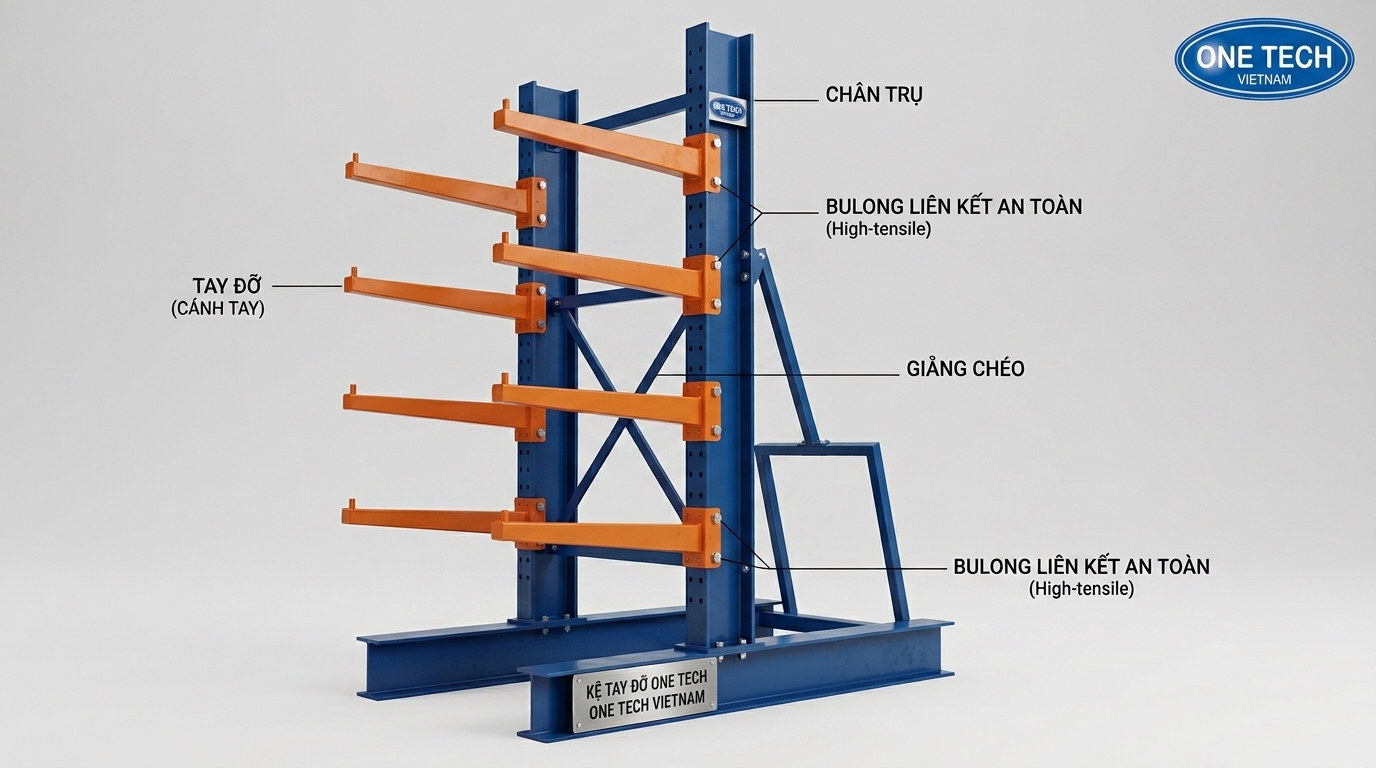 Cấu tạo kệ tay đỡ gồm chân trụ tay đỡ giằng và bulong liên kết