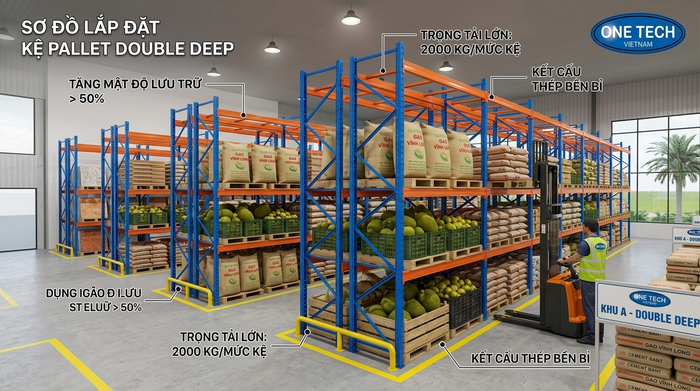 Cấu tạo tổng quan của Kệ Double Deep Vĩnh Long trong kho pallet