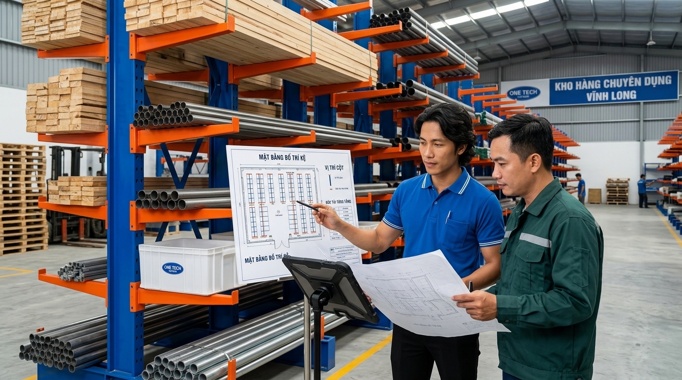 Kệ kho hàng Vĩnh Long tư vấn và lắp đặt kệ tay đỡ theo mặt bằng thực tế