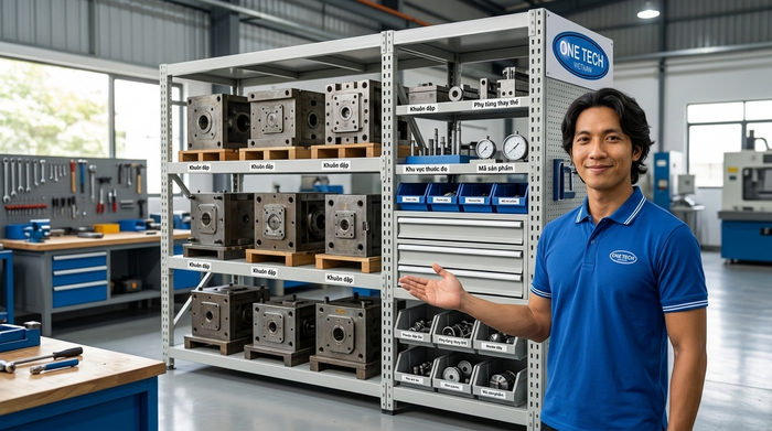 Kệ khuôn cho kho bảo trì và cơ khí Kệ Khuôn Vĩnh Long kết hợp lưu trữ phụ tùng cơ khí và đồ gá