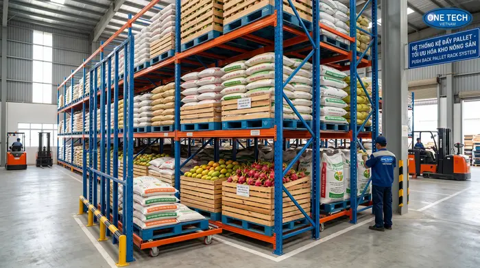 Kệ Push Back Vĩnh Long dùng cho kho nông sản xếp pallet