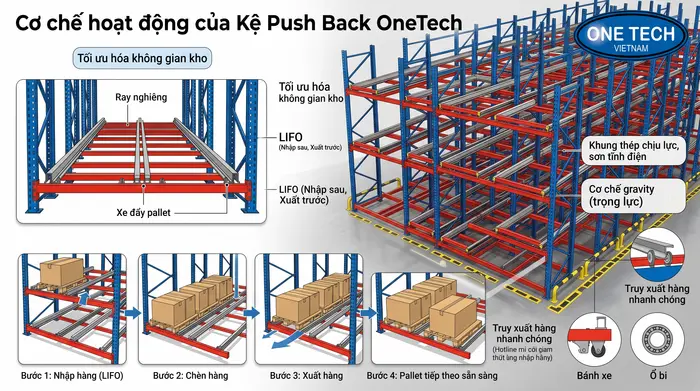 Cấu tạo Kệ Push Back Vĩnh Long với ray trượt và khung chịu tải