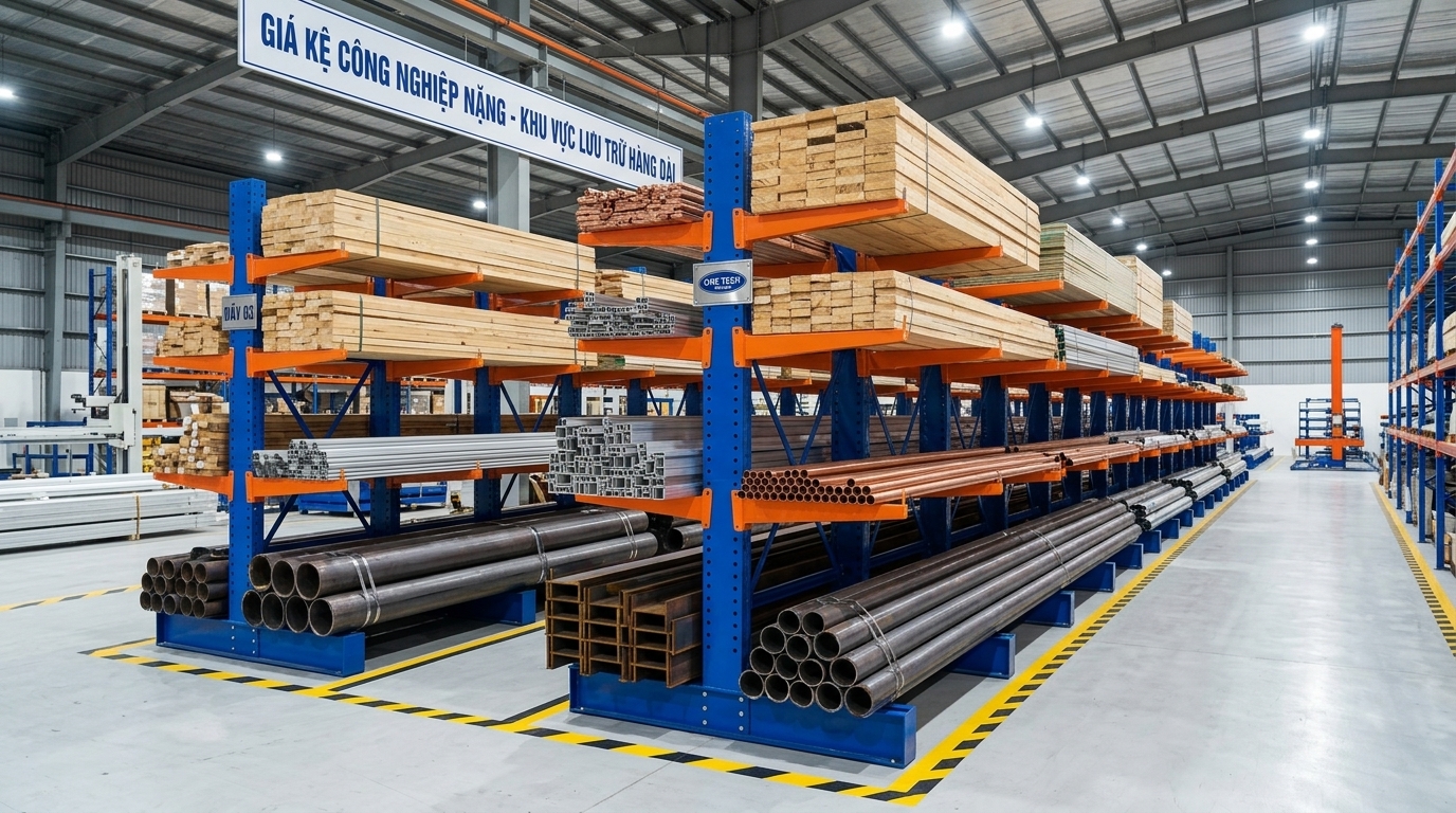 Kệ tay đỡ Vĩnh Long dùng trong kho vật tư dài và cồng kềnh
