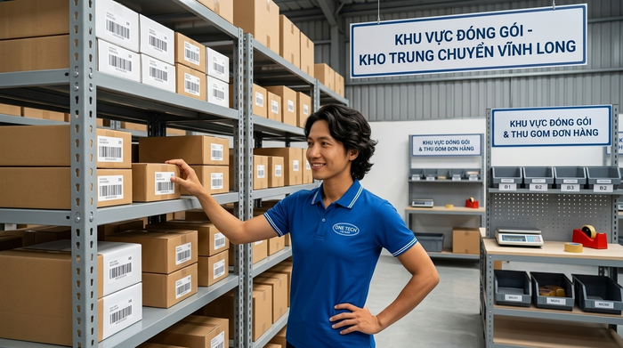 Khu đóng gói và soạn đơn trong kho trung chuyển Vĩnh Long