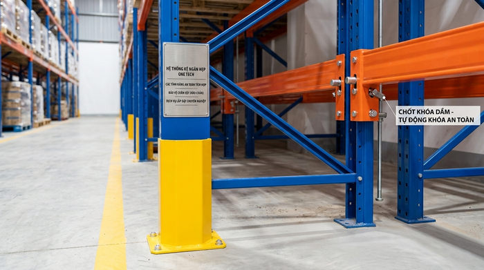 Phụ kiện an toàn cho Kệ Narrow Aisle Vĩnh Long gồm rào chắn chân kệ và chốt khóa