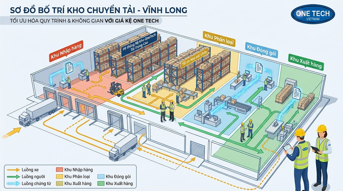 Sơ đồ bố trí kho trung chuyển Vĩnh Long với khu nhập phân loại đóng gói và xuất hàng
