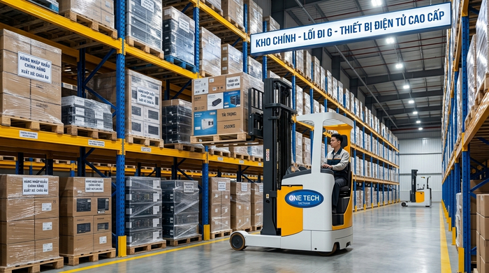 Xe nâng chuyên dụng vận hành cùng kệ kho thông minh trong kho hàng