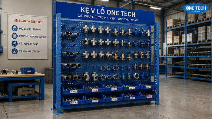 Kệ v lỗ chứa phụ kiện ống thép Kệ v lỗ chứa phụ kiện ống thép và đầu nối