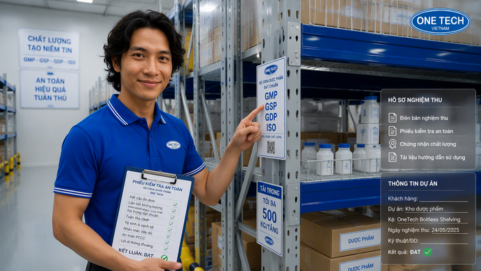 Kiểm tra an toàn kệ kho dược phẩm trước khi bàn giao