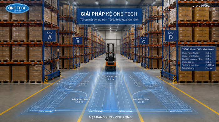 Bản vẽ layout kệ kho logistics Vĩnh Long tối ưu lối đi xe nâng