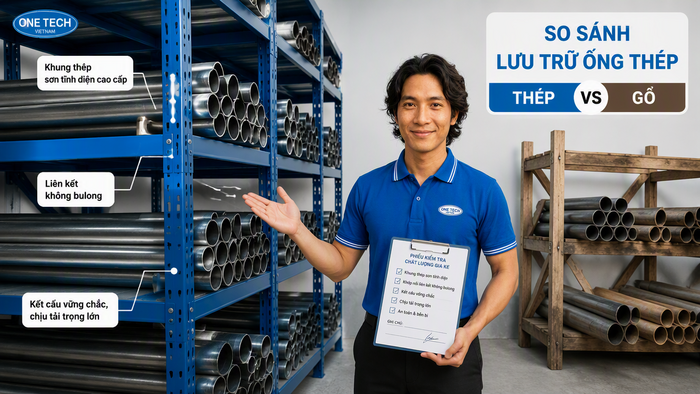 So sánh kệ thép và kệ gỗ để ống thép So sánh kệ thép và kệ gỗ khi lưu trữ ống thép