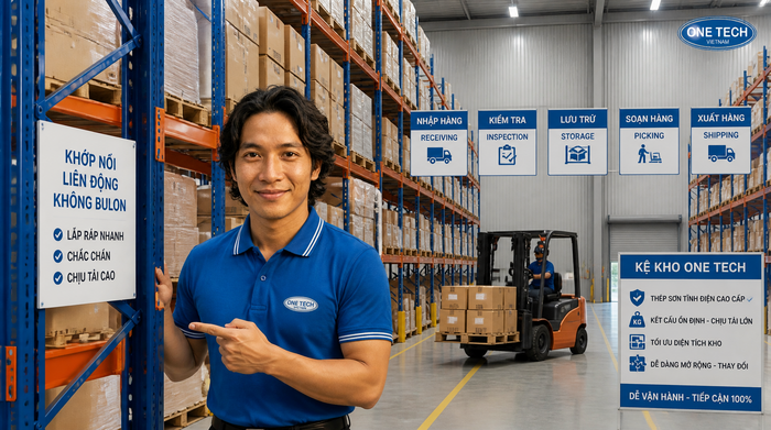 Xe nâng chuyên dụng vận hành cùng kệ kho logistics Vĩnh Long