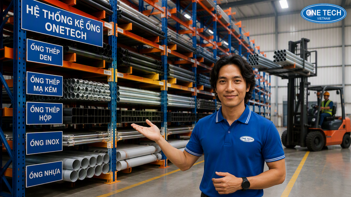 Xe nâng lấy ống thép trên kệ tay đỡ Xe nâng lấy ống thép trên kệ tay đỡ trong kho