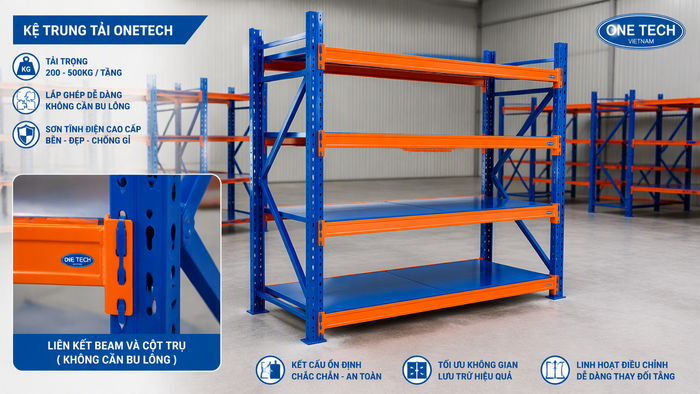 Cấu tạo kệ trung tải gồm chân trụ thanh beam và mâm tầng